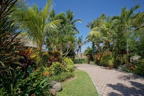 Stroll through the beautifully maintained garden, lined with palm trees and lush vegetation, to the entrance of this serene oasis.