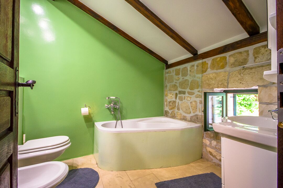 Ein Badezimmer mit grüner Wand, Steinwand, Badewanne, Toilette und Waschbecken.