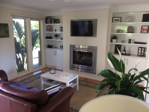 Smart TV, fireplace, DVD player, books