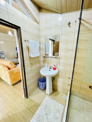 Shower, hair dryer, towels, soap