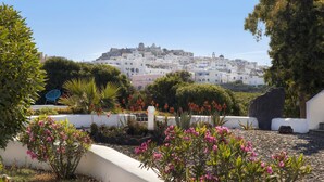 Un patio con un muro blanco, una roca grande y flores rosadas.