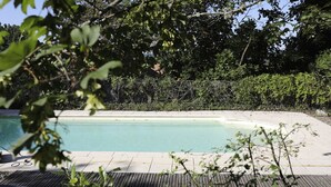 Una piscina rectangular con un borde de baldosas, ubicada en un área ajardinada con abundante follaje al fondo.