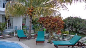 Un espace aménagé au bord de la piscine, avec des chaises longues, un palmier et un bâtiment en arrière-plan.
