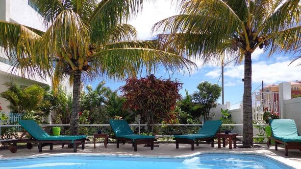 Une piscine avec des chaises longues et des palmiers.