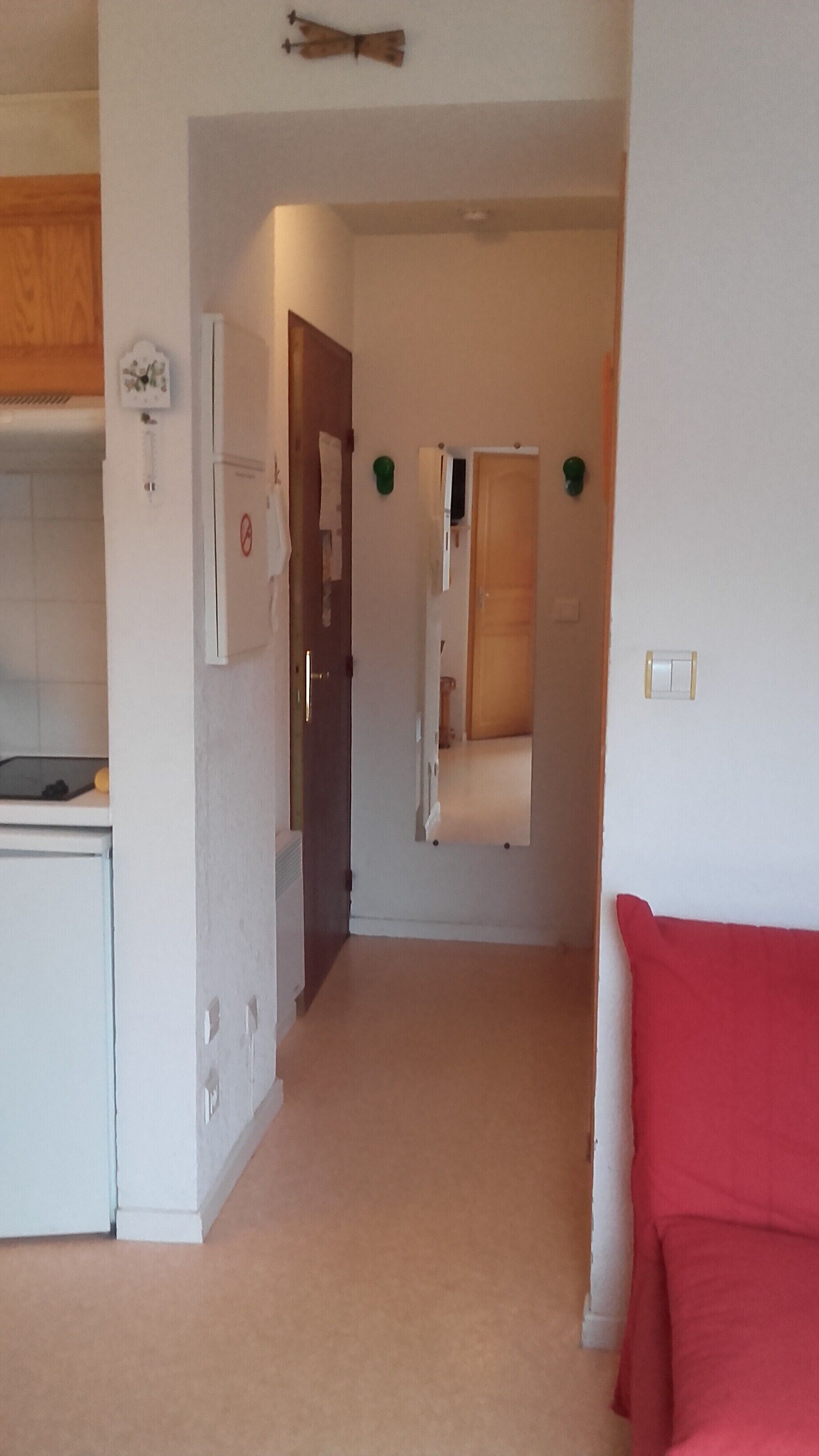 Een smalle gang met een keukengedeelte aan één kant, een deur naar een andere kamer en een rode kussen aan de rechterkant.