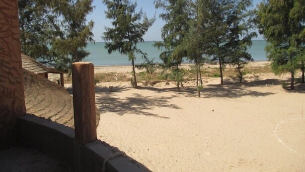 A beach with a wooden structure and trees in the background. - Between sea and lagoon "KEUR OCEAN" A PARADISE (Nianing)