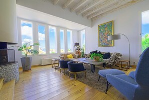 Télévision, cheminée, livres, chaîne hi-fi