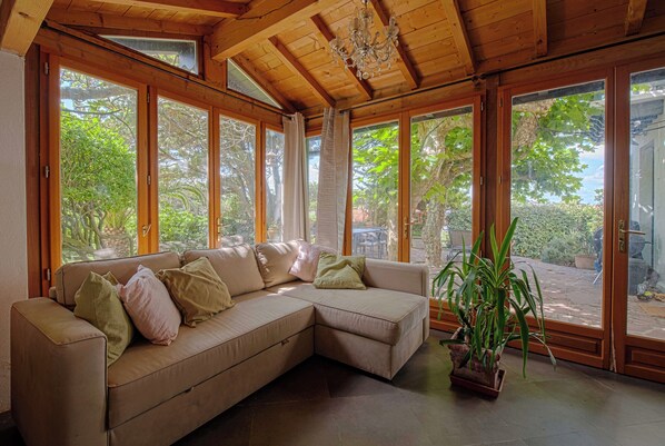 Télévision, cheminée, livres, chaîne hi-fi