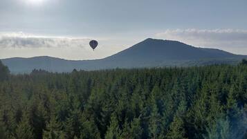 Un globo aerostático sobre un área boscosa con una montaña al fondo.
