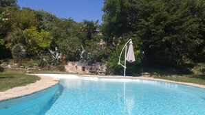 En swimmingpool med en kant av sten, omgiven av frodig grönska och en stenmur.