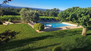 A pool surrounded by a well-maintained lawn and trees, with a clear view of distant mountains.