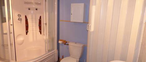 A bathroom with a glass-enclosed shower, a toilet, and a sink.