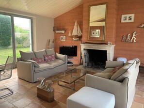 Televisión, chimenea, reproductor de DVD y libros 