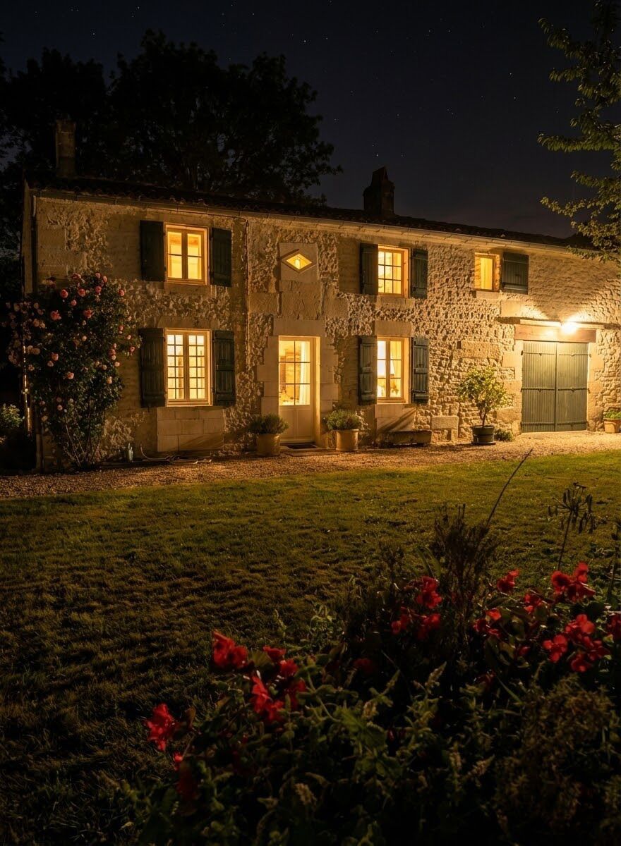 A stone house with multiple windows and doors, illuminated by warm lighting.