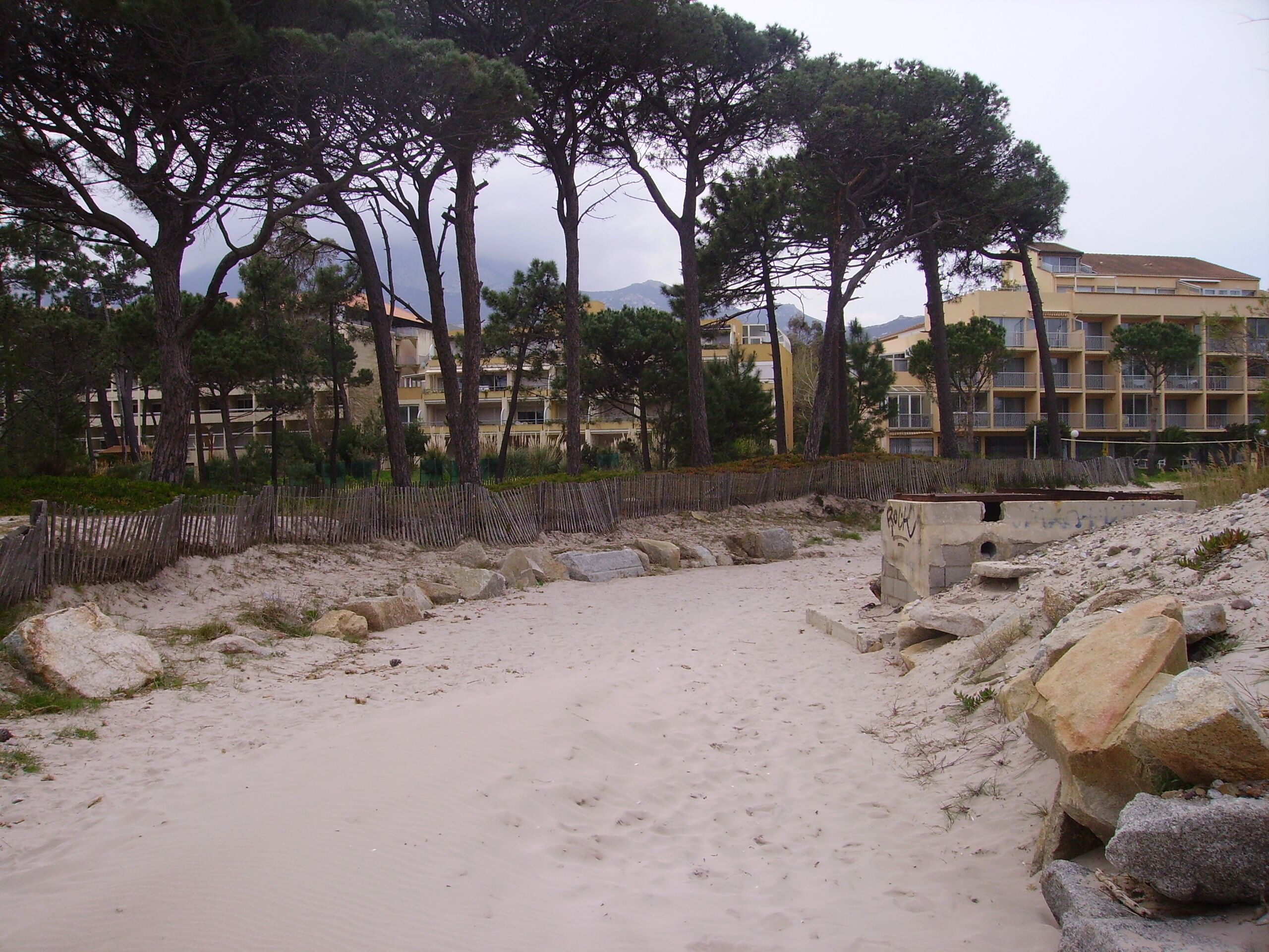 Un sentier de plage sablonneux bordé d’une clôture en bois, de gros rochers et de grands pins. Au fond, on aperçoit des immeubles à plusieurs étages dotés de balcons.