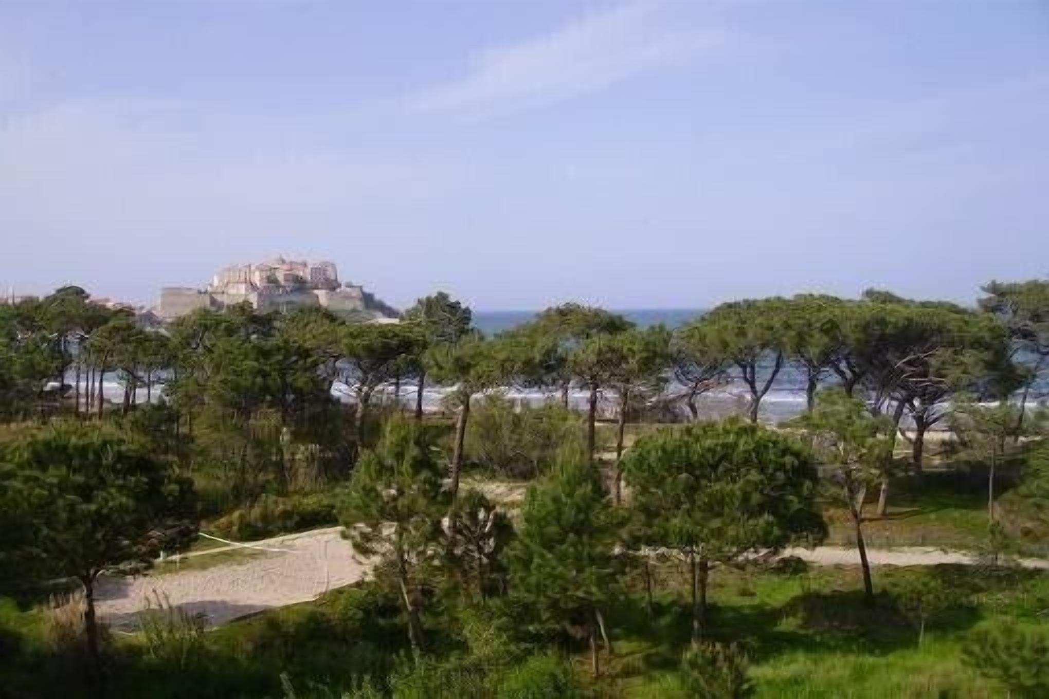 A coastal landscape with a prominent building in the background, surrounded by dense greenery and a clear sky.
