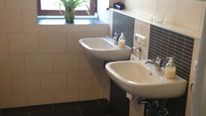 Een badkamer met twee wastafels, een raam met plant, een spiegel boven de wastafel en een vloerkleed.