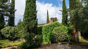 A garden with tall cypress trees, a stone wall, and a building with a tiled roof. - house / villa - 8 rooms - 8/10 persons (Auriol)