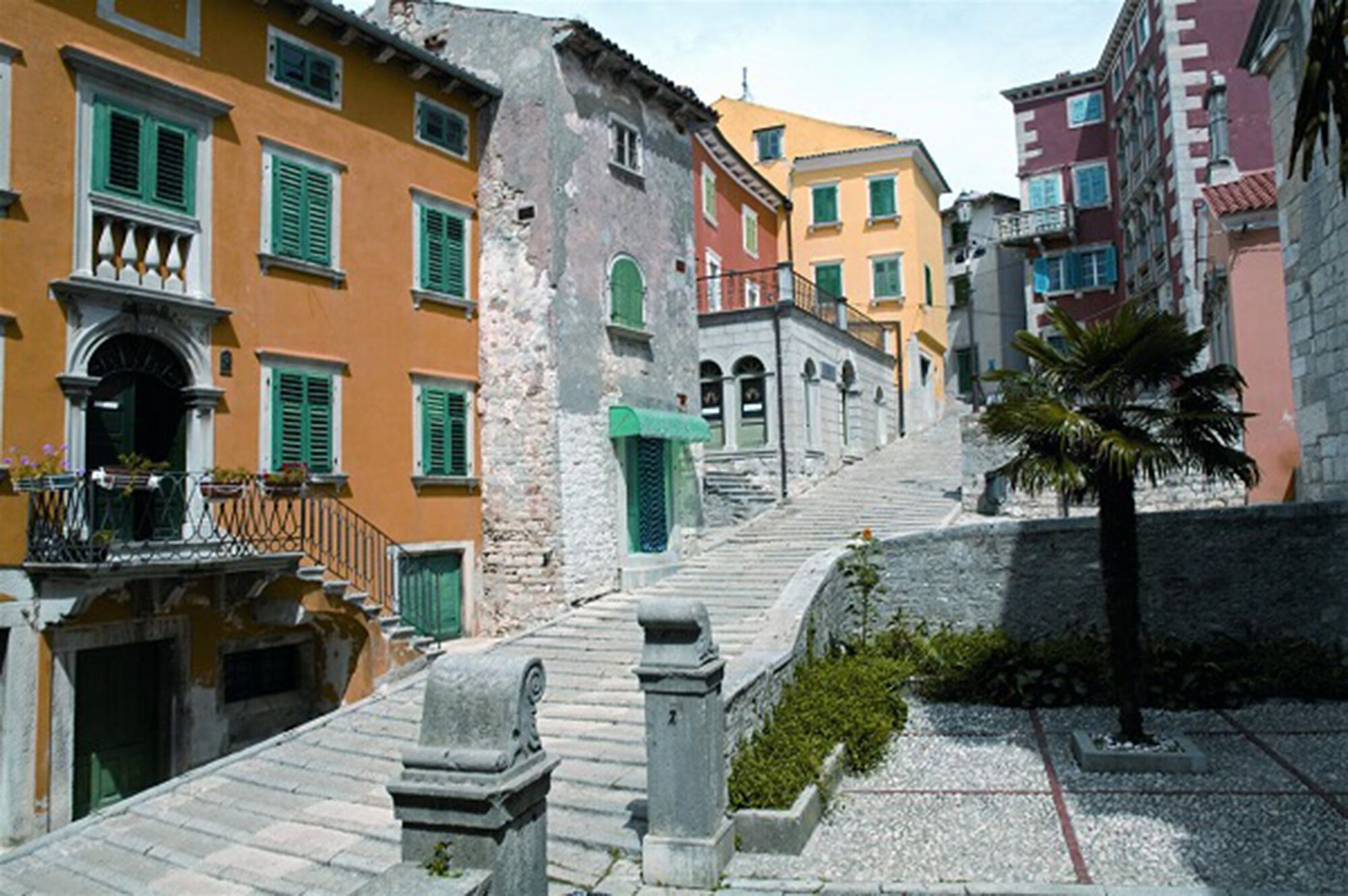 Une rue étroite bordée d’immeubles dotés de balcons et d’un palmier.