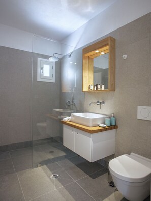 Ducha, secador de pelo, toallas, jabón