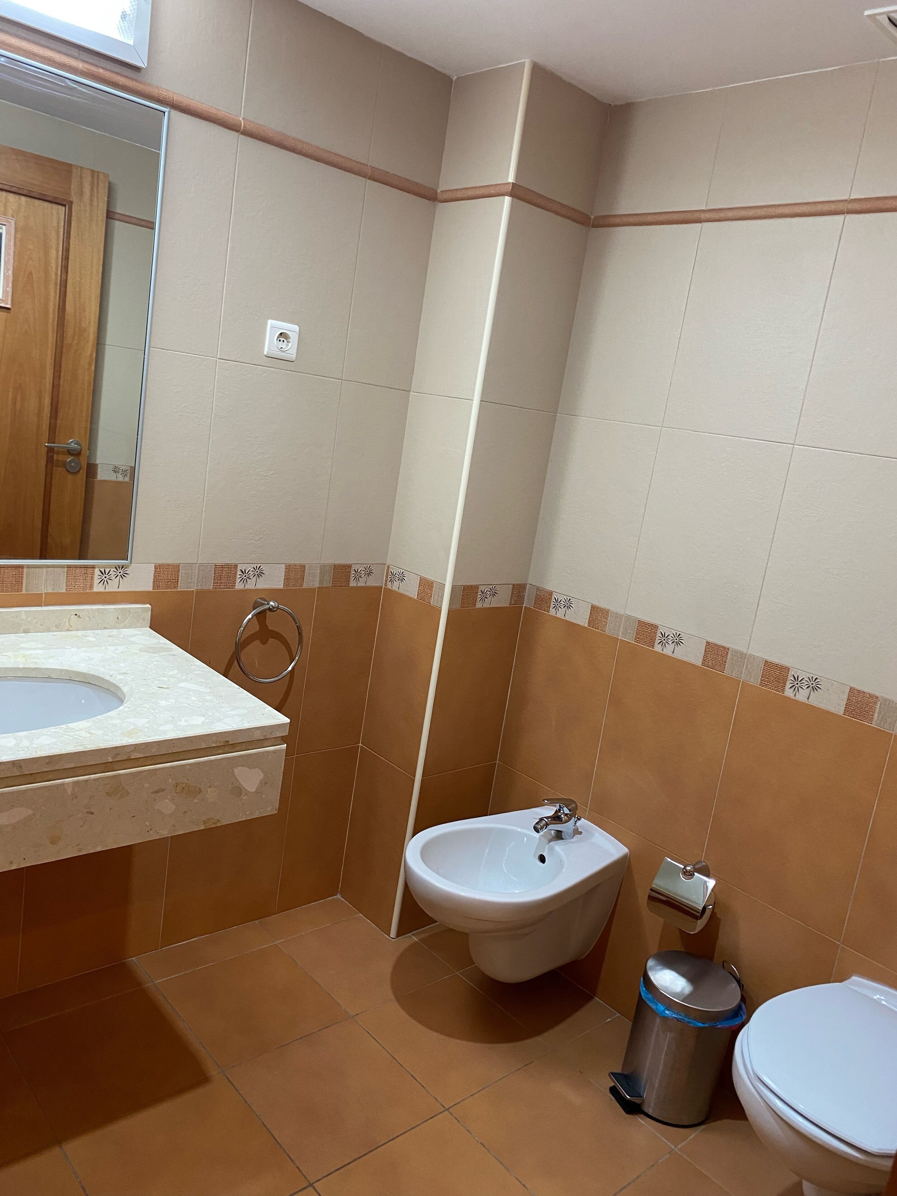 A bathroom with a sink, bidet, toilet, and a mirror.