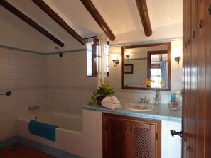 Bathtub, hair dryer, bidet, towels
