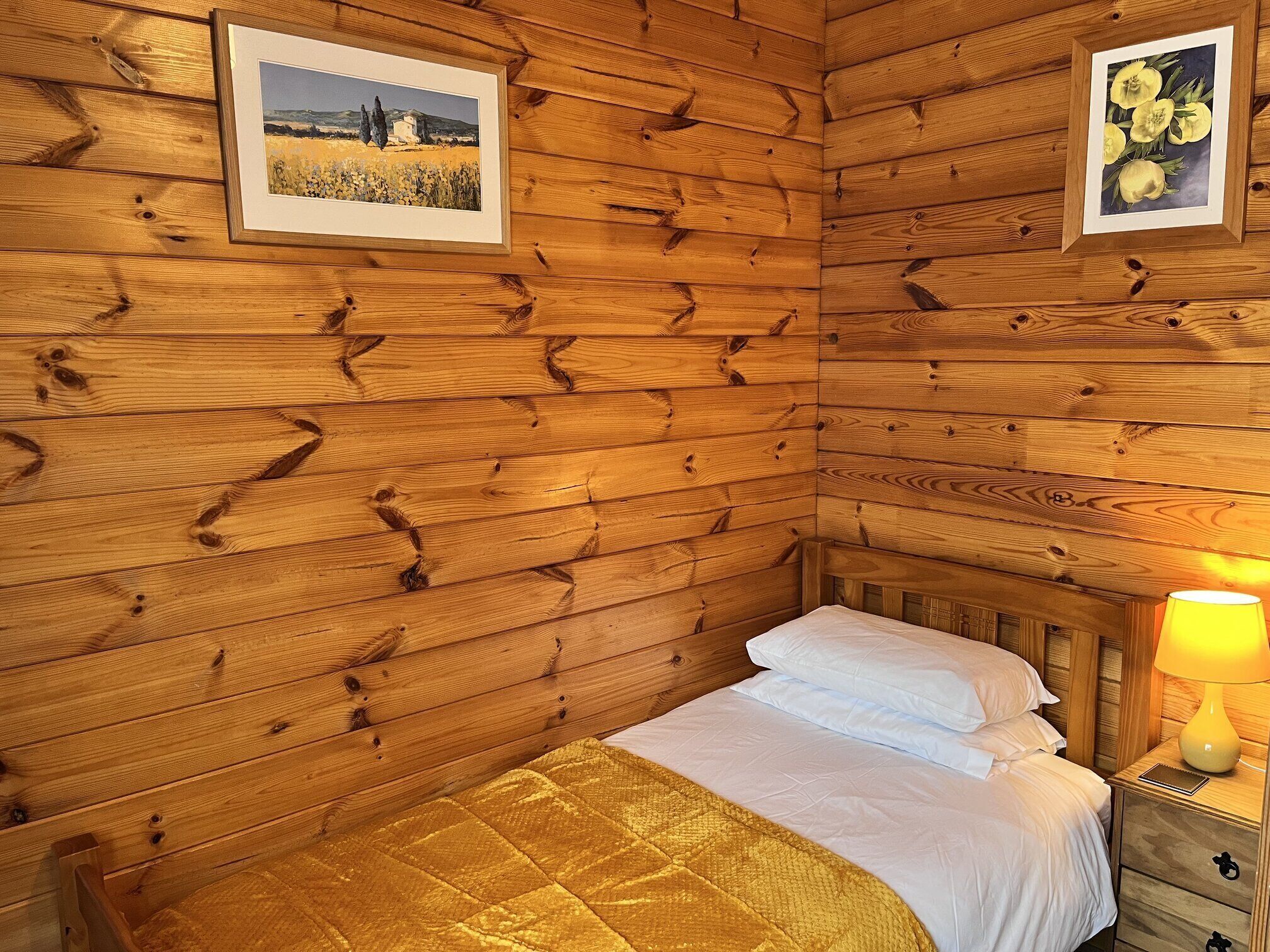 Habitación de cabaña de madera con una cama, una mesita de noche y dos cuadros en la pared.