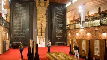 En museiinteriör med ett stort dinosaurieskelett, informationspaneler och en modell av en byggnad.
