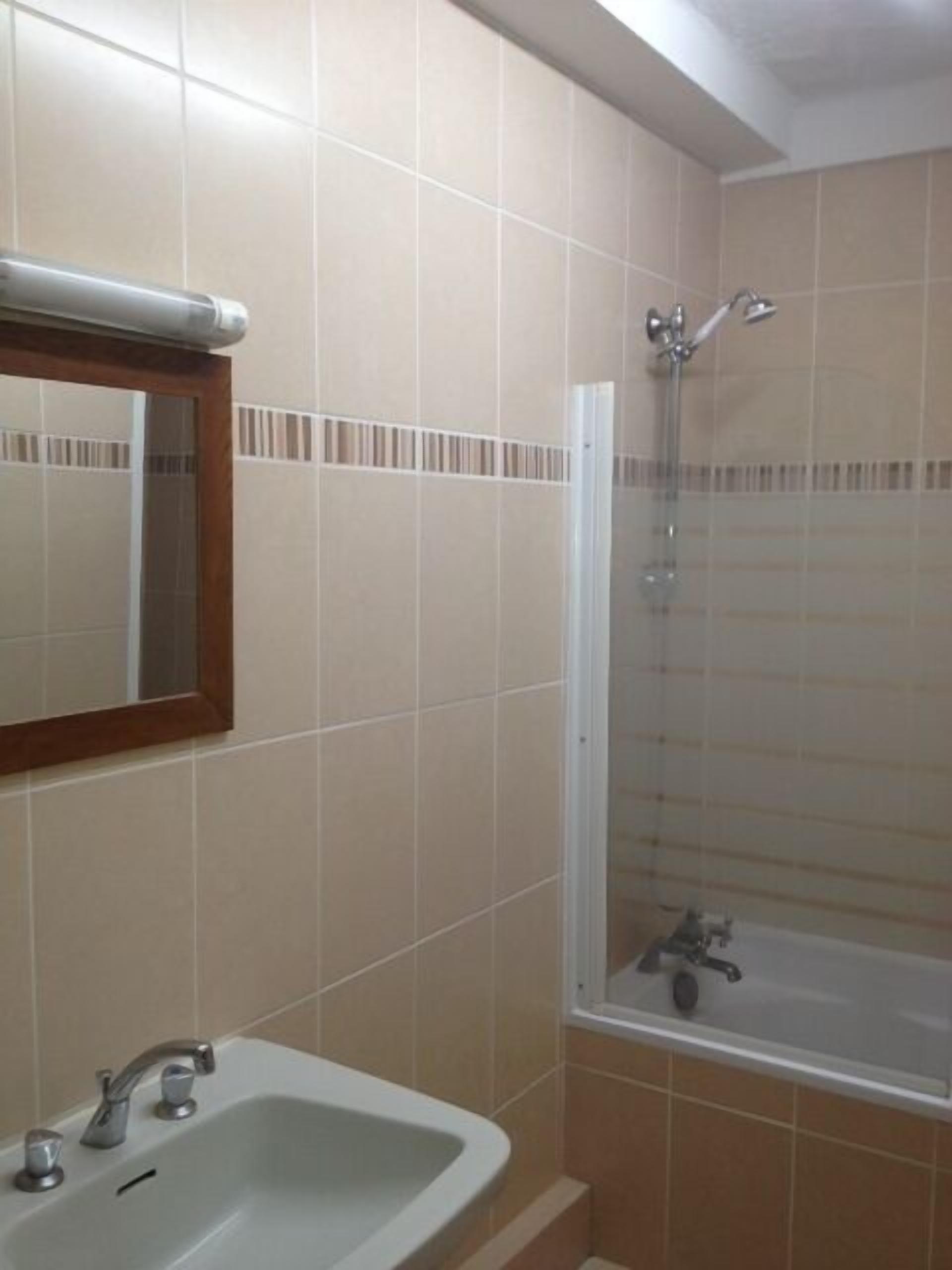 Een badkamer met een wastafel, spiegel en douchecabine.