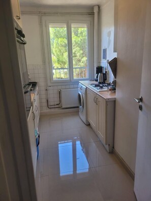 Fridge, microwave, oven, coffee/tea maker