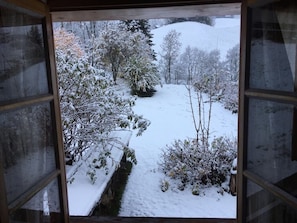 A view from a window with a snowy landscape outside, including trees and a hill.