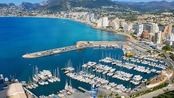 Un puerto deportivo con numerosas embarcaciones amarradas, rodeado por un paisaje urbano costero y montañas al fondo.