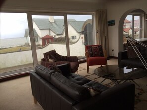 Smart TV, fireplace, books, stereo