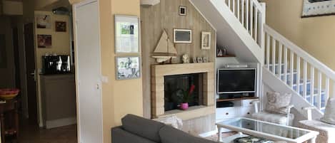 TV, fireplace, table tennis, books