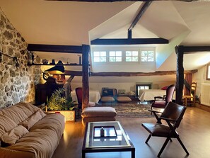 TV, fireplace, ping pong, books
