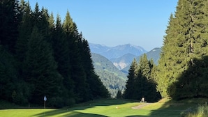 Ein Golfplatz mit Fahnenstange, umgeben von dichtem Wald und Bergen im Hintergrund.