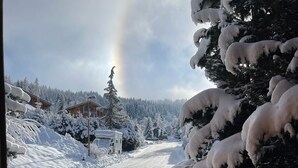 Schneebedeckte Landschaft mit Holzzaun, einem mit Schnee beladenen Baum und einem entfernten Blick auf ein Haus und Wald.