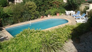 Ein Schwimmbecken, umgeben von üppiger Vegetation und weißen Liegestühlen.