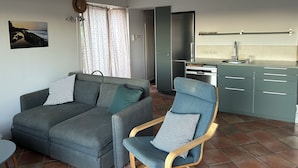 Un salon moderne avec un canapé gris et un fauteuil bleu, une cuisine avec des meubles gris et un réfrigérateur en acier inoxydable, et une fenêtre avec des rideaux.
