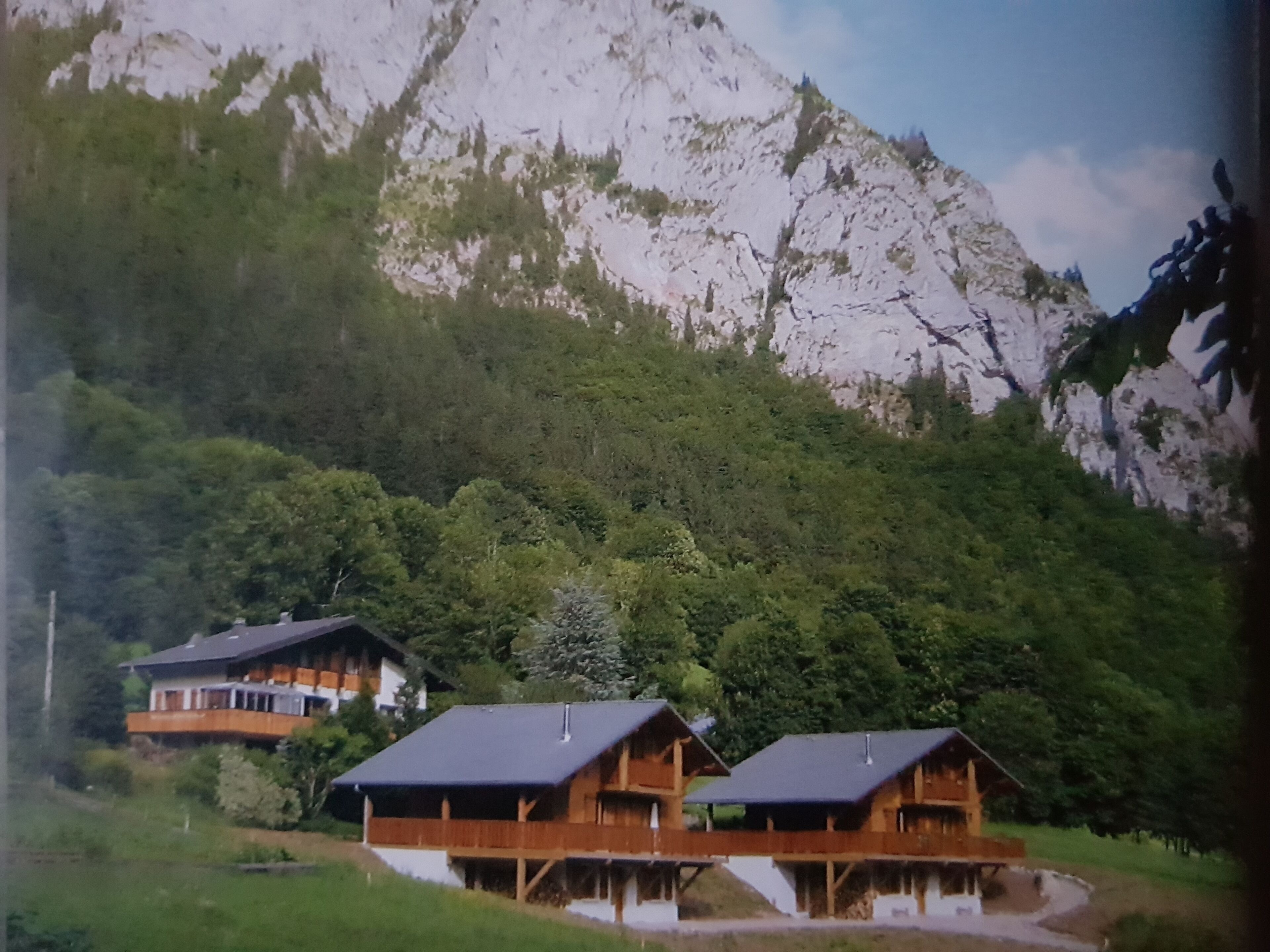Un bâtiment de style chalet, avec une façade en bois et un toit plat, entouré d’une végétation luxuriante et avec des montagnes en arrière-plan.