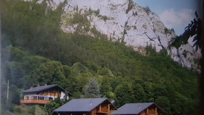 A chalet-style building with a wooden exterior and a flat roof, surrounded by lush greenery and mountains in the background. - Beautiful, spacious 12 person chalet, Portes du Soleil, France (Abondance)