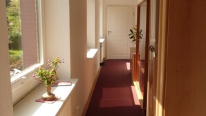 A narrow hallway with a radiator, a potted plant, and a wooden wardrobe.