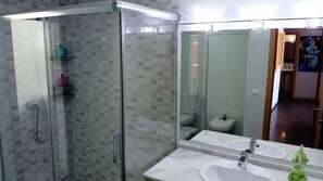 Regadera, secadora de cabello, bidet, toallas 
