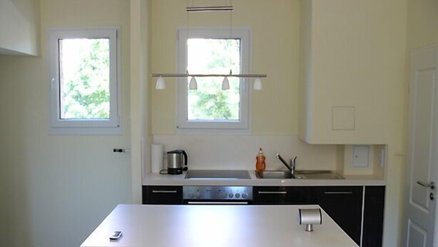 A modern kitchen with a central island, two pendant lights, a built-in oven, and a sink with a faucet.