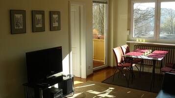 Fernseher, Bücher, Musikbibliothek, Stereoanlage