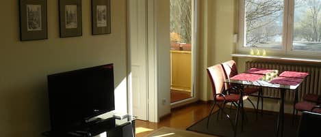 TV, books, music library, stereo