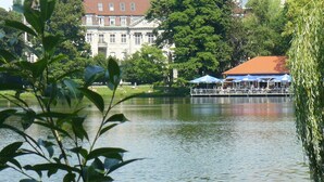 A lake with a building in the background, a dock with blue canopies, and lush greenery.