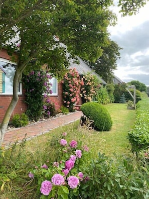 A house with a brick exterior, a brick pathway leading to the entrance, and a well-maintained garden with various plants and flowers.