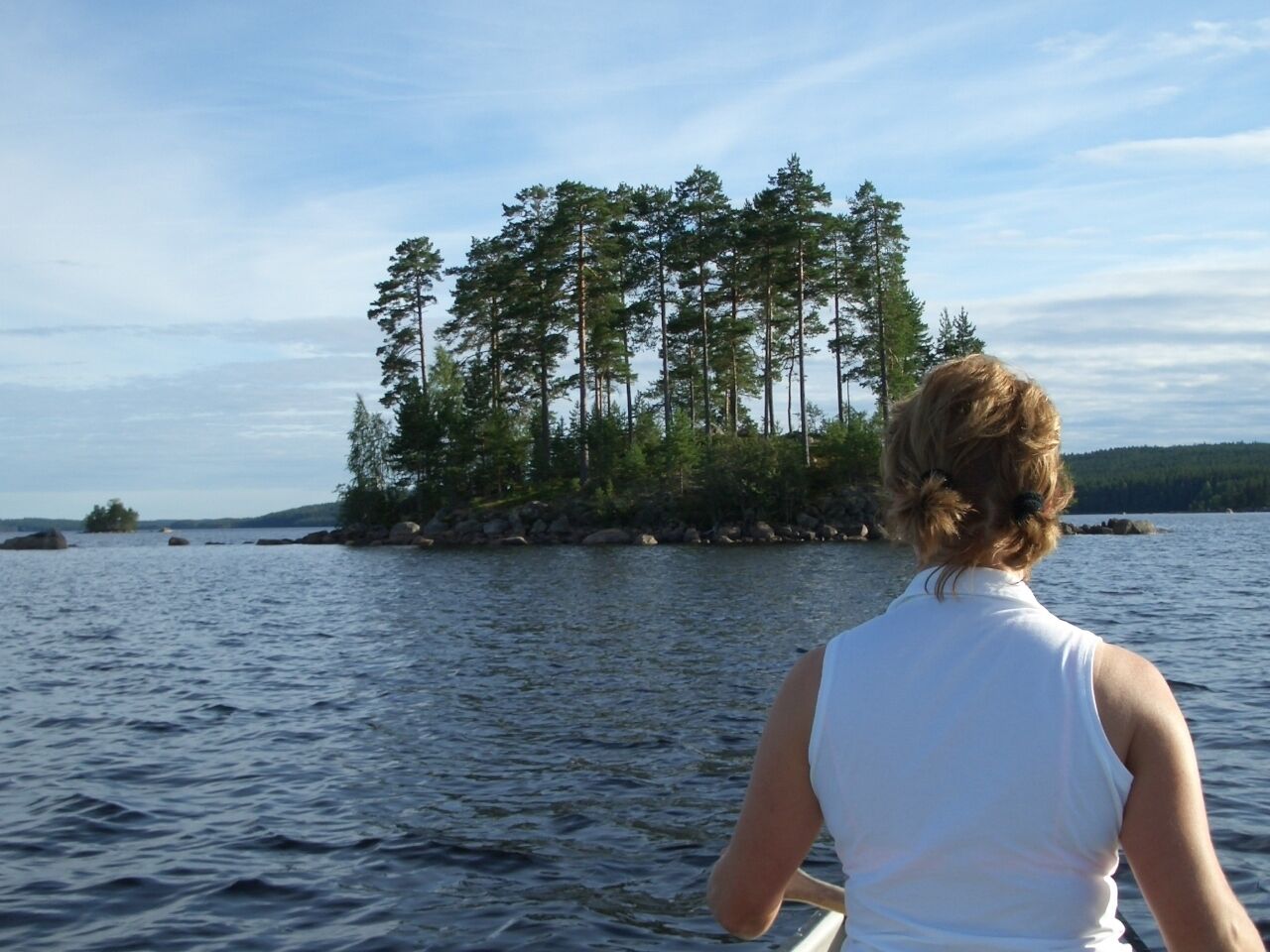Una persona en un bote mirando una isla cubierta de bosque.