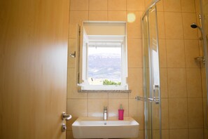 Shower, towels, soap, toilet paper